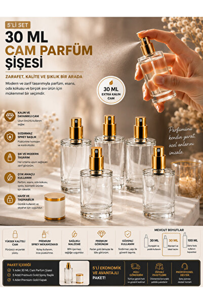 Mirkimya 30 ML Cam Parfüm Şişesi 5’li Set – Gold Sprey Başlıklı Boş Parfüm Şi...