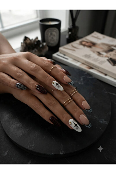 Shades On Nails Handmade Press-On Nails Set - Gothic Y2K Black & White Croc P...