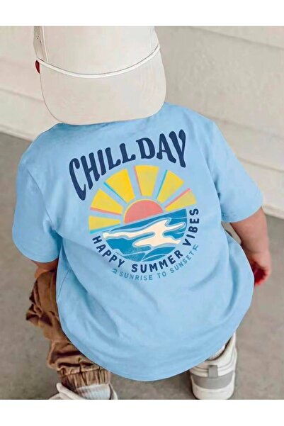 MORNİNG KİDS Boy's Baby Blue Chill Day Back Print Crew Neck T-Shirt