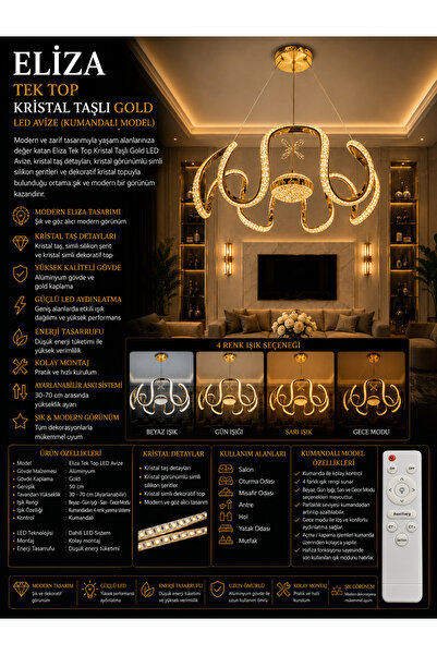 Genel Markalar Eliza Model Kristal Taşlı Tek Toplu Led Avize Gold 4 Renk Aydı...