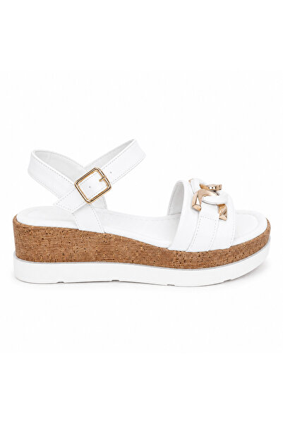 Castle Black Verona Gold Buckle Detailed Wedge Heeled Women's White Sandals