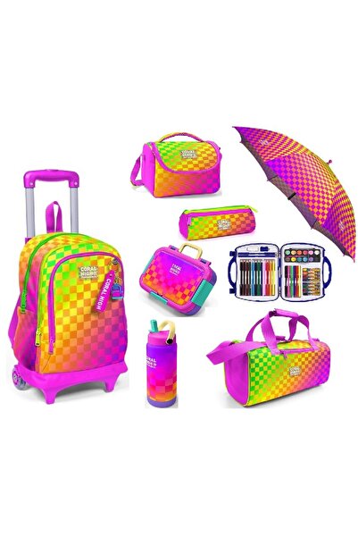 Coral High Neon Dama Desen Çekçek Çantalı Çelik Termos ve Beslenmeli Şemsiye ...