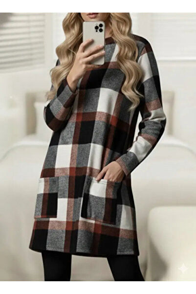 Generic Brand Women's Long Sleeve Semi-High Neck Pocket Detailed Plaid Woven ...