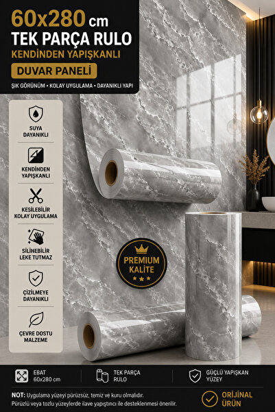 UKAB DEKOR 60x280 Cm Gri Kendinden Yapışkanlı Pratik Seramik Dekoratif Mermer...