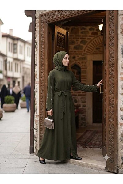 KMKkombin فستان نسائي من الحرير المدنسن بجيب خلفي مخفي وأكمام مطرزة وحزام خصر...