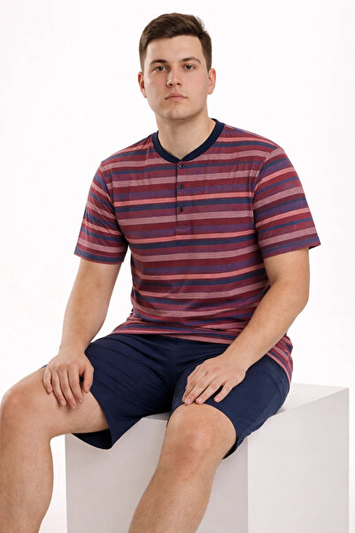 Sude HOMEWEAR طقم بيجامة رجالي بأكمام قصيرة مخطط مقاس كبير