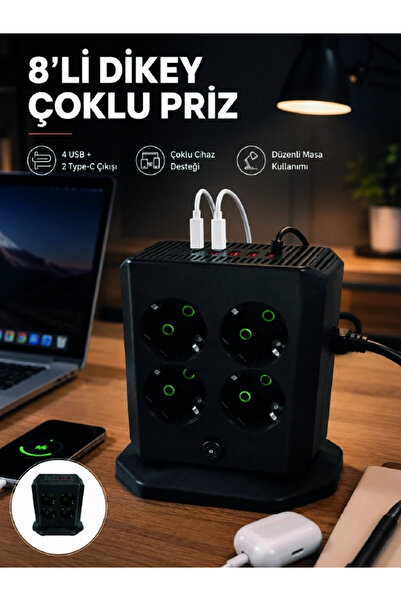 ARMÜZ 8-Outlet Vertical Multi-Plug Socket with 4 USB and 2 Type-C Ports, Surg...