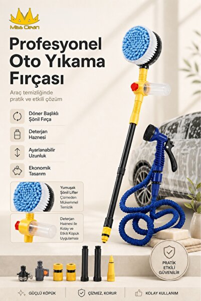 Miss Clean Rotating Head Car Wash Brush Set with Detergent Container and Exte...