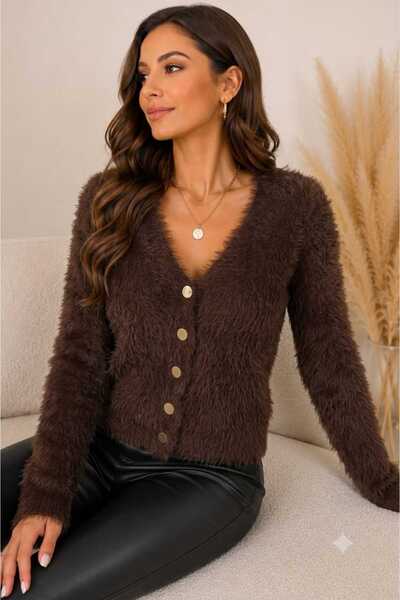 BELLA VESTE ATELİER Women's V-Neck Soft Textured Knitwear Cardigan Gold Buttoned Soft Textured Long Sleeve Stylish Casual Cardigan