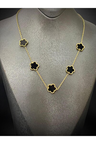SAFİR Kadın Siyah Yonca Figürlü Gold Renk Paslanmaz Çelik Kolye