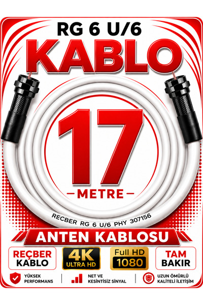 Reçber Anten Kablosu RG 6 U/6 307156 Tam Bakır Beyaz 17 METRE