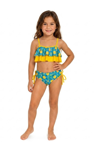 caddekids Kız Çocuk Bikini Takımı Sarı Volanlı Limon Desenli Askılı Deniz Pla...