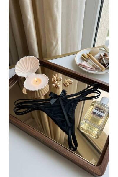 Store Fiyonk Detaylı Siyah Transparan Tül String Külot