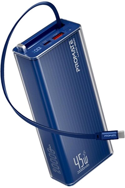 Promate Lucid-45W 20000mAh Power Bank with Retractable USB-C Cable (Blue) | Charges 3 Devices, LED Battery Display, QC 3.0 USB-A Output, Built-in Lanyard for iPhone, Galaxy, iPad & more