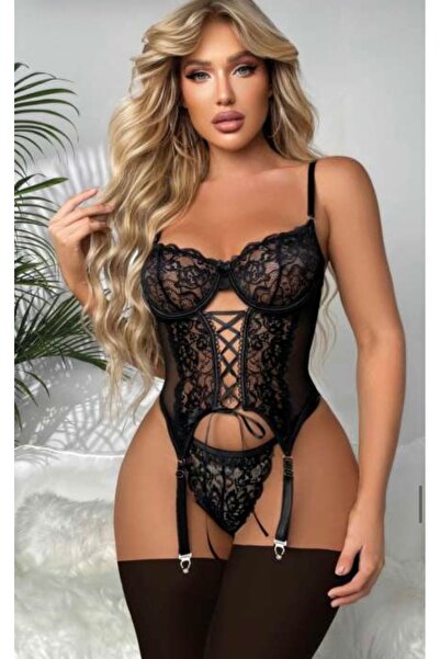 Kadın Siyah Dantel Fantazi Body Jartiyer Detaylı Bağcıklı İç Giyim Takımı