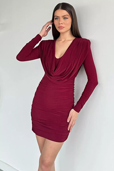 Aryena Burgundy Women's Degaje Collar Side Ruffle Detailed Evening Dress