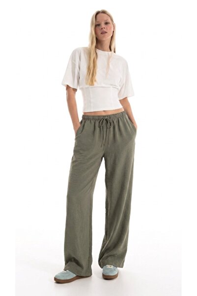 DAMGA JEANS Women's Summer Comfortable Green Linen Trousers with Elastic Waist