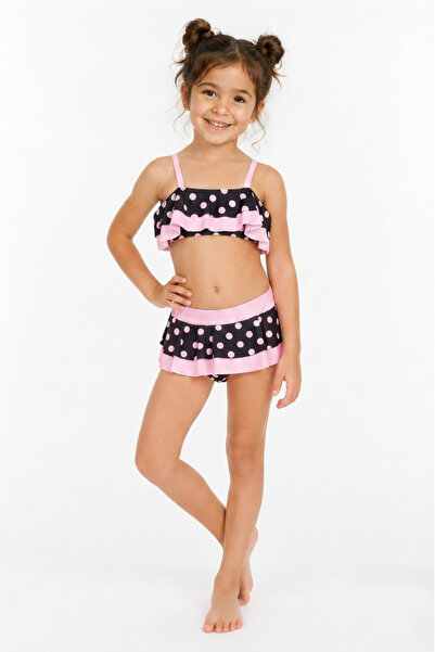 caddekids Kız Çocuk Volanlı Puantiyeli Bikini Takımı Askılı Etekli Deniz Havu...