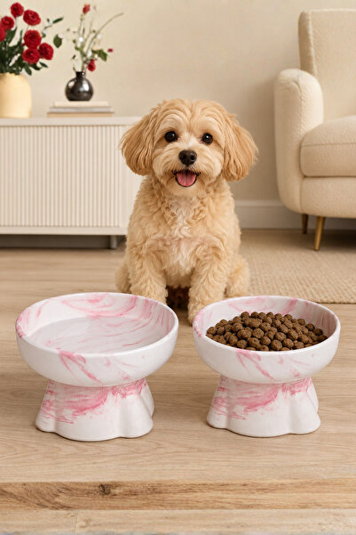 Pawicci 2-Li 12° Eğimli Seramik Marble Pink Kedi Kopek Mama ve Su Kabı Yüksel...