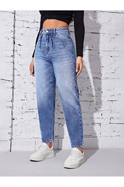 NO BRAND Blugi albaștri cu talie înaltă, croială mom fit, Shein, cu petice, 32