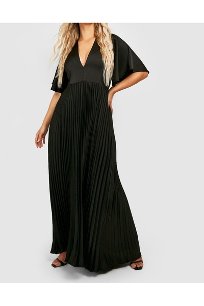 NO BRAND Rochie maxi neagră din satin plisată, cu decolteu adânc, plus size, ...