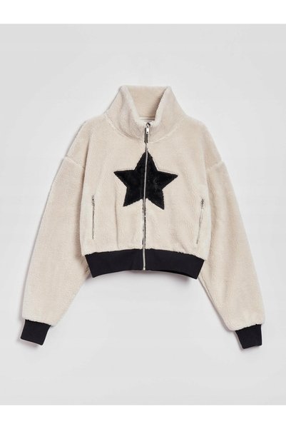 NO BRAND Hanorac scurt din fleece crem, cu aplicație cu stele și model de ste...