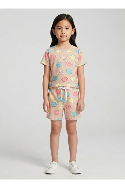 Babyqlo Girls Beige Pastel Flower Print Co-ord Set