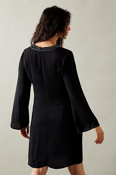 NO BRAND Rochie oversize neagră, mâneci lungi, cu mărgele, fermoar, Wallis 40