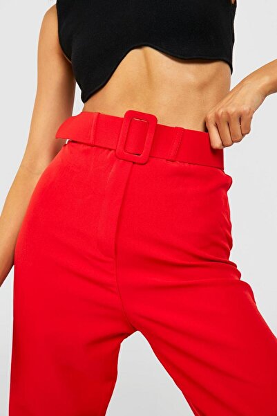NO BRAND BOOHOO 36 PANTALONI CLASICI DREPTI ELEGANȚI ROȘII CU BRETELE