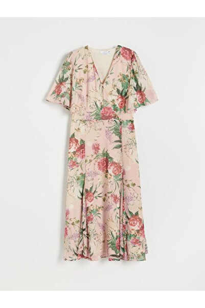 NO BRAND Rochie midi roz cu guler răsfrânt, mâneci scurte, imprimeu cu plante 38