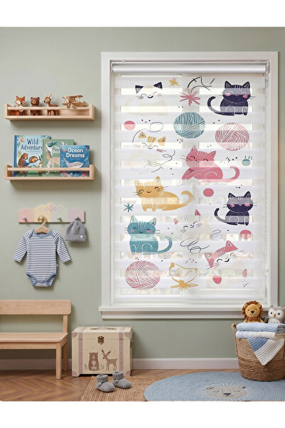 AD Home Renkli Kediler ve Yumaklar Desenli Dijital Baskılı Zebra Perde