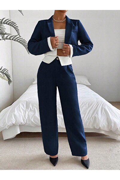 NO BRAND Set costum elegant, sacou bleumarin, pantaloni drepți, Shein 38