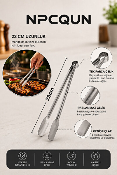 NPCQUN 23 CM Paslanmaz Çelik Mangal Maşası - Tek Parça Barbekü, Izgara ve Et Servis Maşası