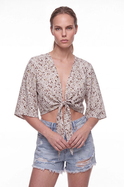 cemo Çiçek Desenli Bağlama Detaylı Crop Bolero