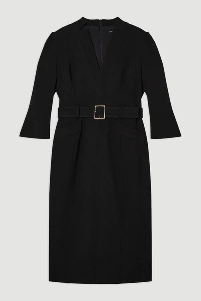 NO BRAND Rochie midi neagră clasică cu curea, decolteu în V, mâneci 3/4 Karen...