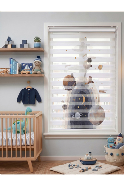 AD Home Gece Gökyüzünde Ayıcık Desenli Çocuk Odası Dijital Baskılı Zebra Perde