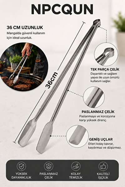 NPCQUN 36 CM Paslanmaz Çelik Mangal Maşası - Tek Parça Barbekü, Izgara ve Et Servis Maşası