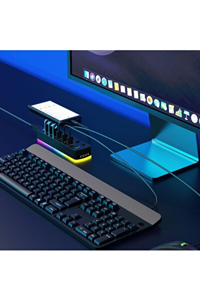 NO BRAND HUB 7x USB 3.0 Activ 7-în-1 Porturi Hub Splitter USB-C LED RGB 5GB