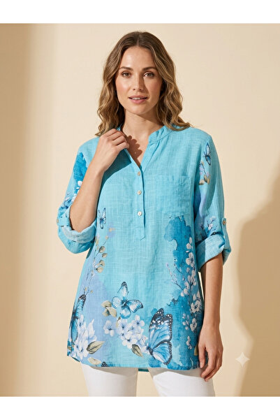 MADE İN ITALY Women's Italian 100% Linen Patterned Shirt Blouse - Three Quart...