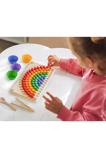 NO BRAND Joc din lemn cu mărgele curcubeu Puzzle Montessori Kidmigo