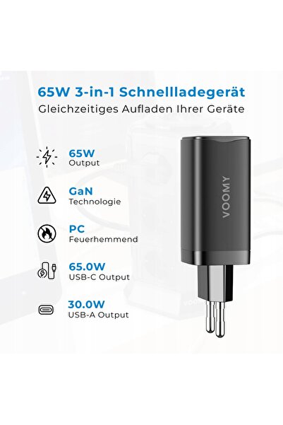 NO BRAND Voomy Încărcător rapid 65W GaN PD3.0 QC 4.0 QC 3.0 2x USB-C + USB-A