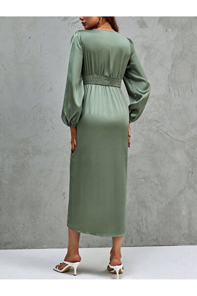 NO BRAND Rochie asimetrică elegantă verde, midi, cu mânecă lungă, din satin, ...