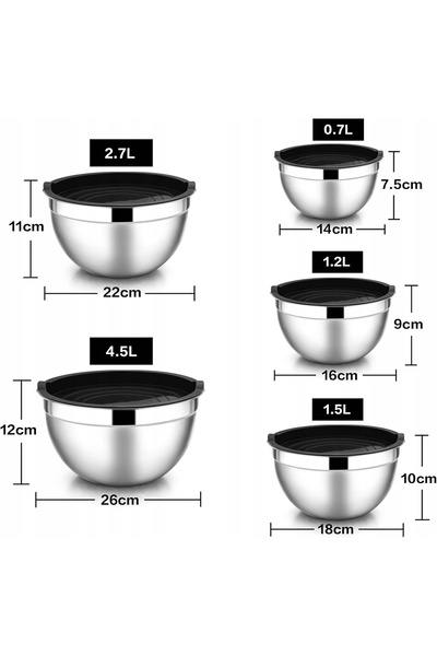 NO BRAND Set 5 boluri de bucătărie cu capac, 4,5L, din oțel, 100% sigure pent...