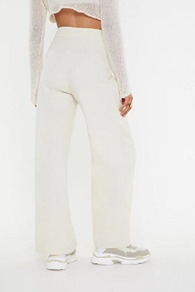 NO BRAND Pantaloni crem din material textil cu picior larg, cu fermoar, mărim...