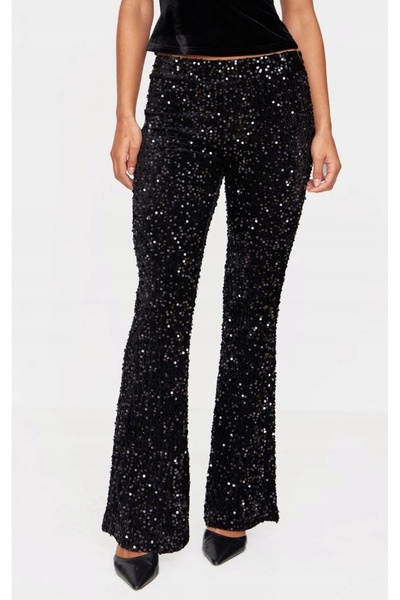NO BRAND Pantaloni negri cu paiete, evazați, talie medie, cu fermoar, Prettyl...
