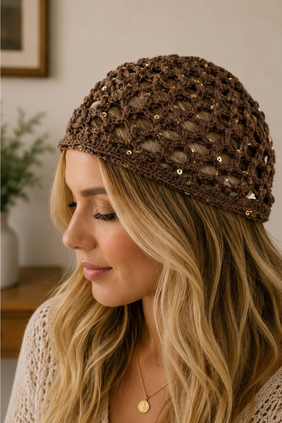 Modex Yellow Sequin Detail Mesh Hand Knitted Design Beanie