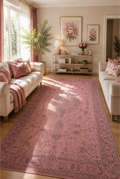 VOPTEKS Vintage Pembe Halı Salon Halısı Makinede Yıkanabilir Kaymaz Taban Halı