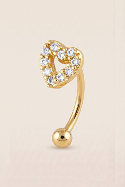 Hetra Altın Renkli Cerrahi Çelik Kalp Zirkon Taşlı Rook Piercing - Vertical H...