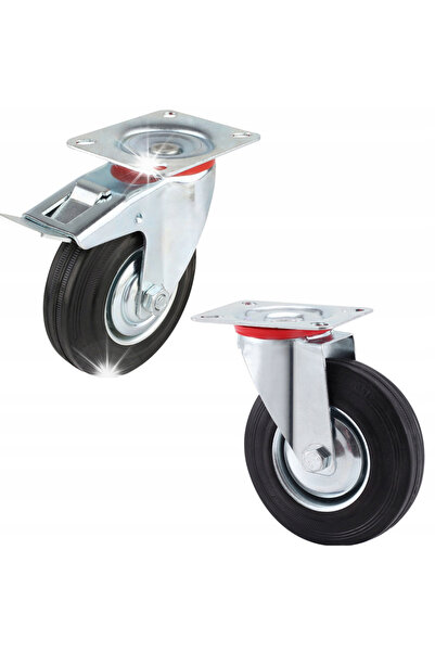 NO BRAND Roți pivotante de 125mm, 400kg, metalice cu cauciuc, cu frână, pentr...