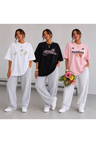 khufu 3-Piece Comfortable Cut Oversize Fit Cotton Printed Unisex T-Shirt